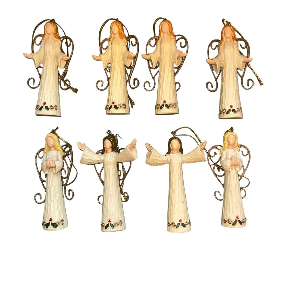 Set of 8 Vintage Cream Colored Resin Angel Christmas Ornaments